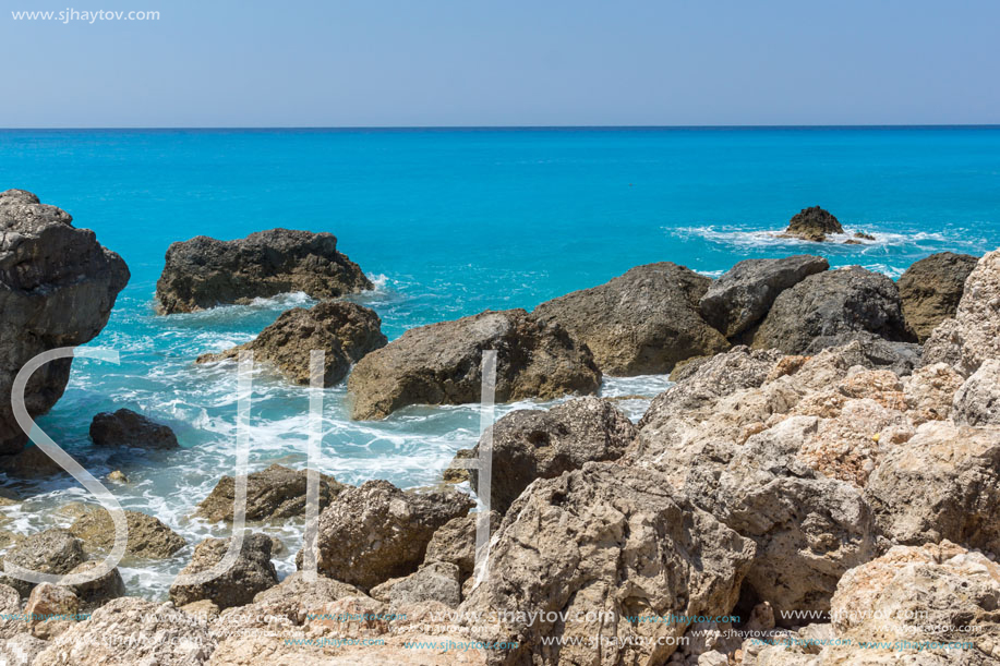 Amazing landscape of blue waters of Megali Petra Beach, Lefkada, Ionian Islands, Greece