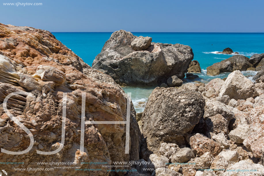 Amazing landscape of blue waters of Megali Petra Beach, Lefkada, Ionian Islands, Greece