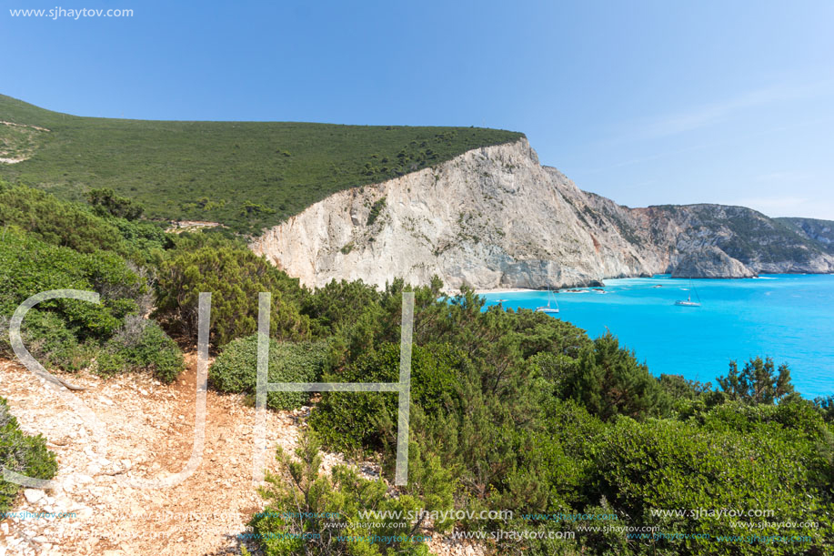 Amazing seascape of blue waters of Porto Katsiki Beach, Lefkada, Ionian Islands, Greece