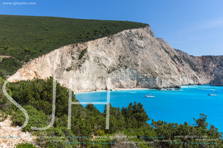 Amazing seascape of blue waters of Porto Katsiki Beach, Lefkada, Ionian Islands, Greece