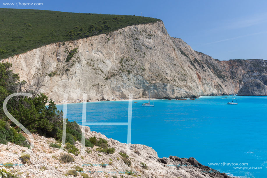 Amazing seascape of blue waters of Porto Katsiki Beach, Lefkada, Ionian Islands, Greece