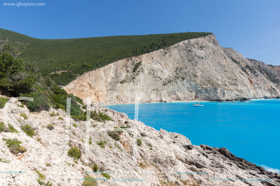 Amazing seascape of blue waters of Porto Katsiki Beach, Lefkada, Ionian Islands, Greece