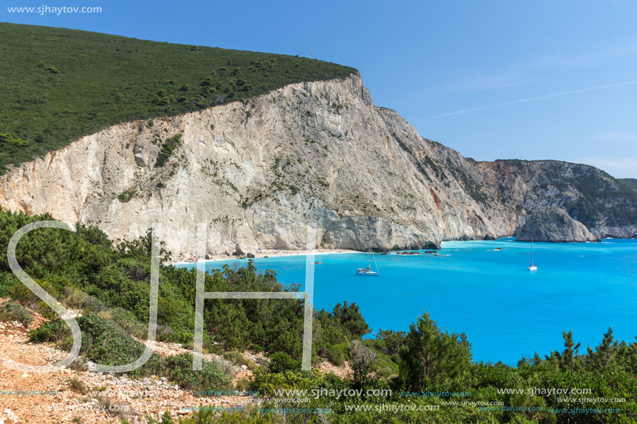 Amazing seascape of blue waters of Porto Katsiki Beach, Lefkada, Ionian Islands, Greece