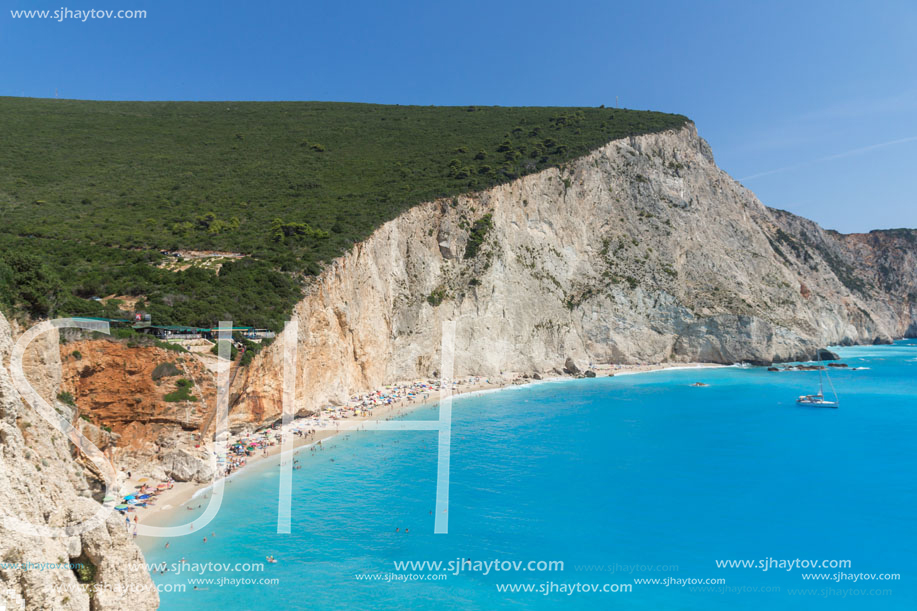 Amazing seascape of blue waters of Porto Katsiki Beach, Lefkada, Ionian Islands, Greece