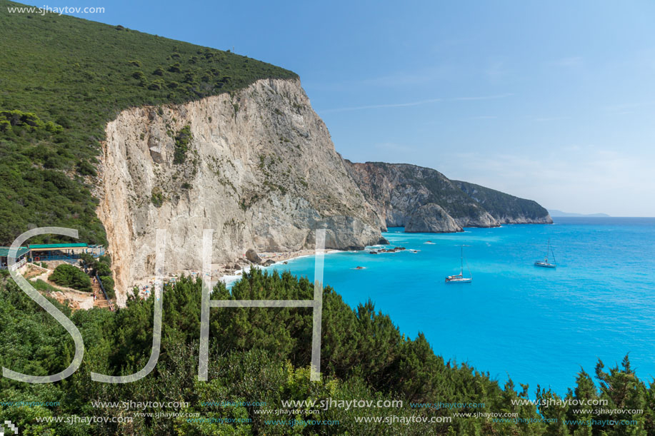 Amazing seascape of blue waters of Porto Katsiki Beach, Lefkada, Ionian Islands, Greece