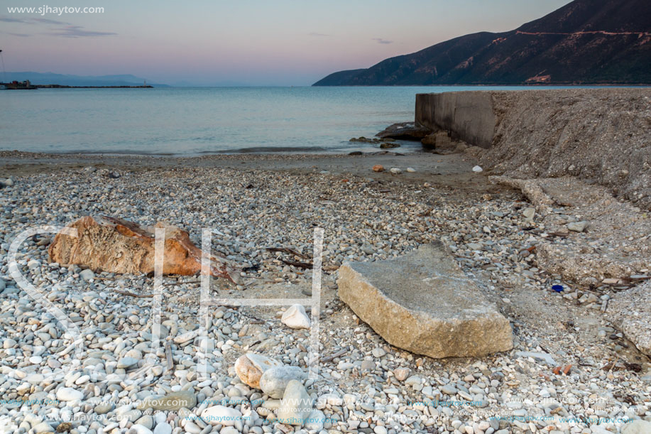 Sunset view on the beach of village of Vasiliki, Lefkada, Ionian Islands, Greece