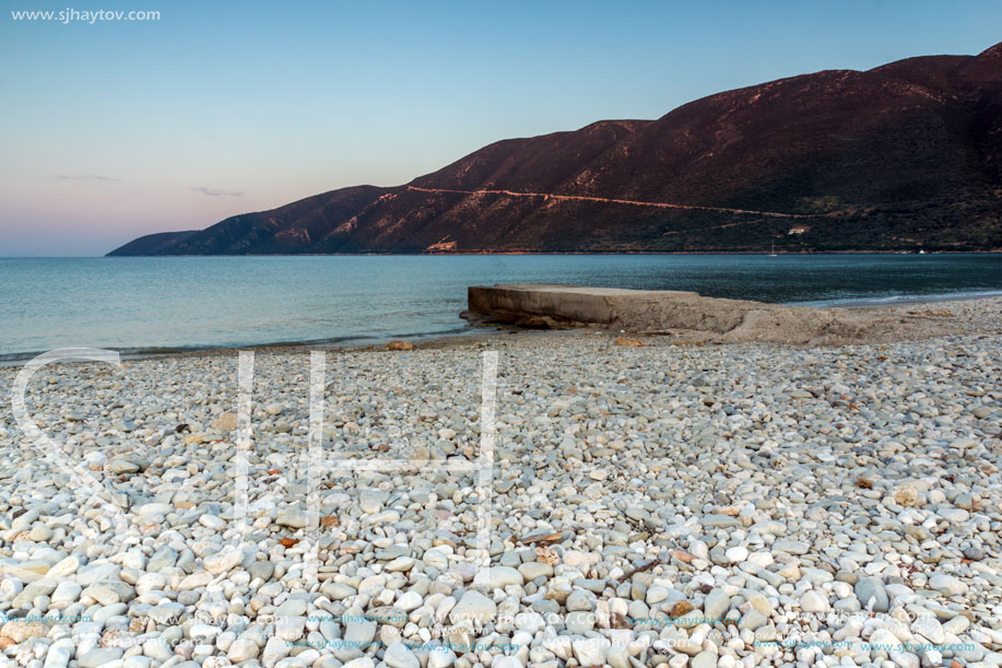 Sunset view on the beach of village of Vasiliki, Lefkada, Ionian Islands, Greece