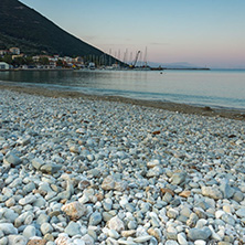 Sunset view on the beach of village of Vasiliki, Lefkada, Ionian Islands, Greece