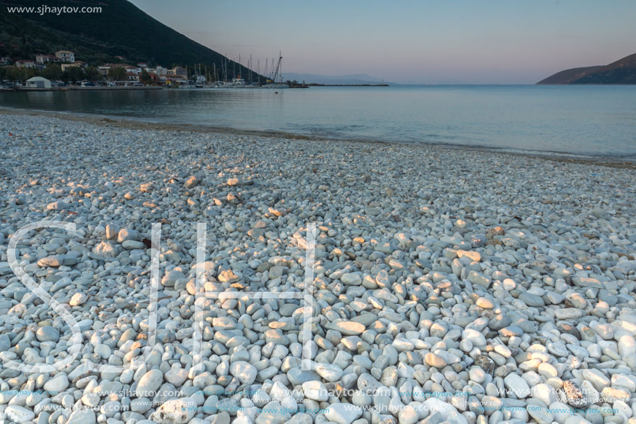 Sunset view on the beach of village of Vasiliki, Lefkada, Ionian Islands, Greece