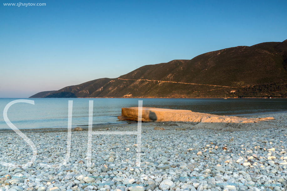 Sunset view on the beach of village of Vasiliki, Lefkada, Ionian Islands, Greece