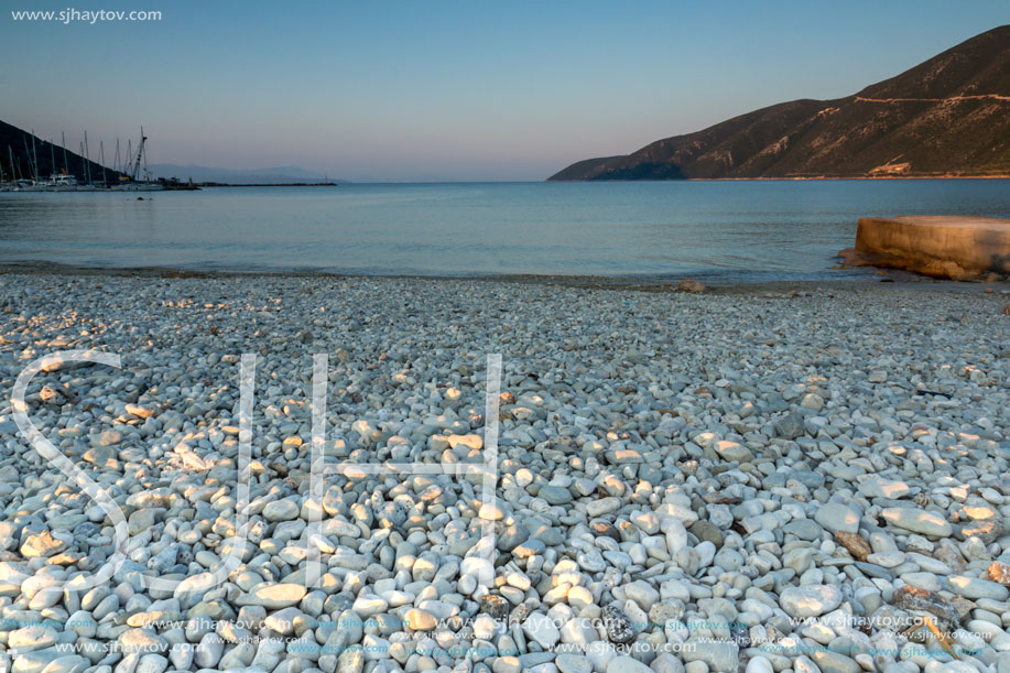 Sunset view on the beach of village of Vasiliki, Lefkada, Ionian Islands, Greece