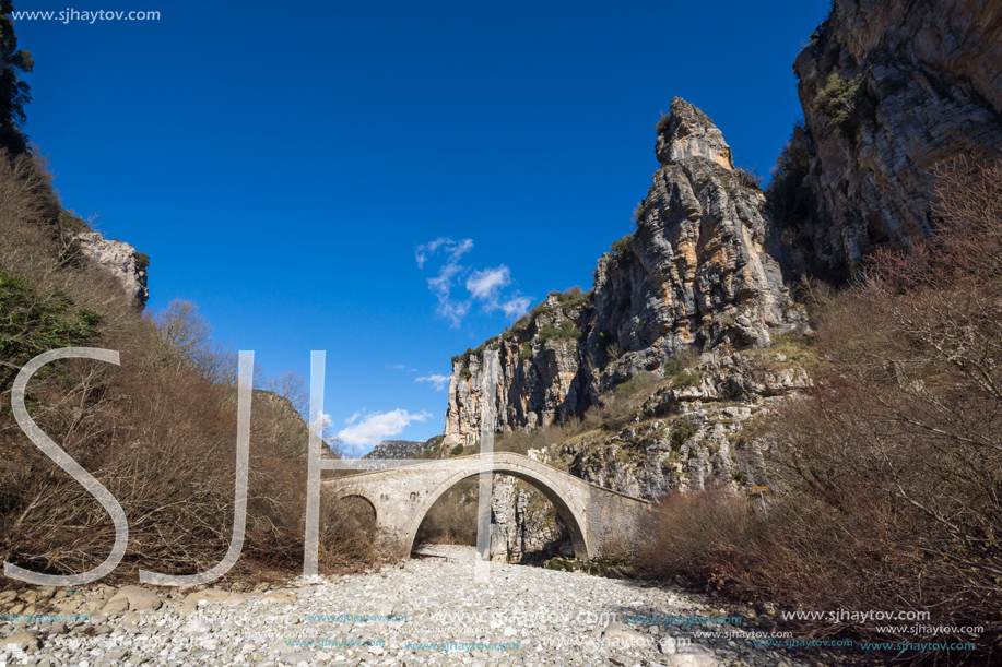 Amazing landscape of Bridge of Missios in Vikos gorge and Pindus Mountains, Zagori, Epirus, Greece