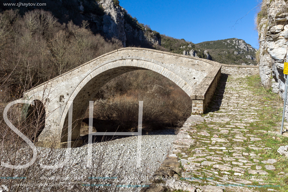 Amazing landscape of Bridge of Missios in Vikos gorge and Pindus Mountains, Zagori, Epirus, Greece