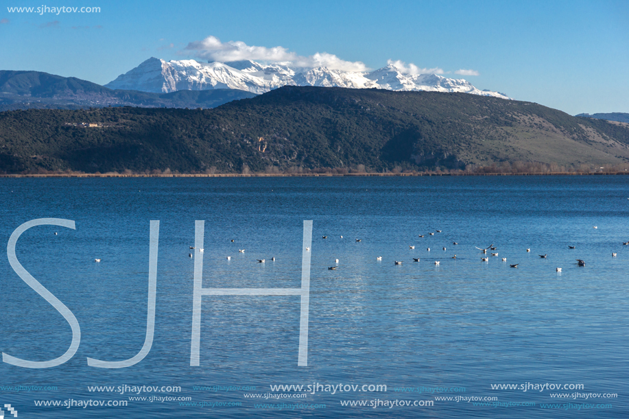 Amazing panoramic Landscape of Lake Pamvotida and Pindus mountain from city of Ioannina, Epirus, Greece