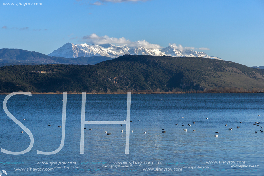 Amazing panoramic Landscape of Lake Pamvotida and Pindus mountain from city of Ioannina, Epirus, Greece