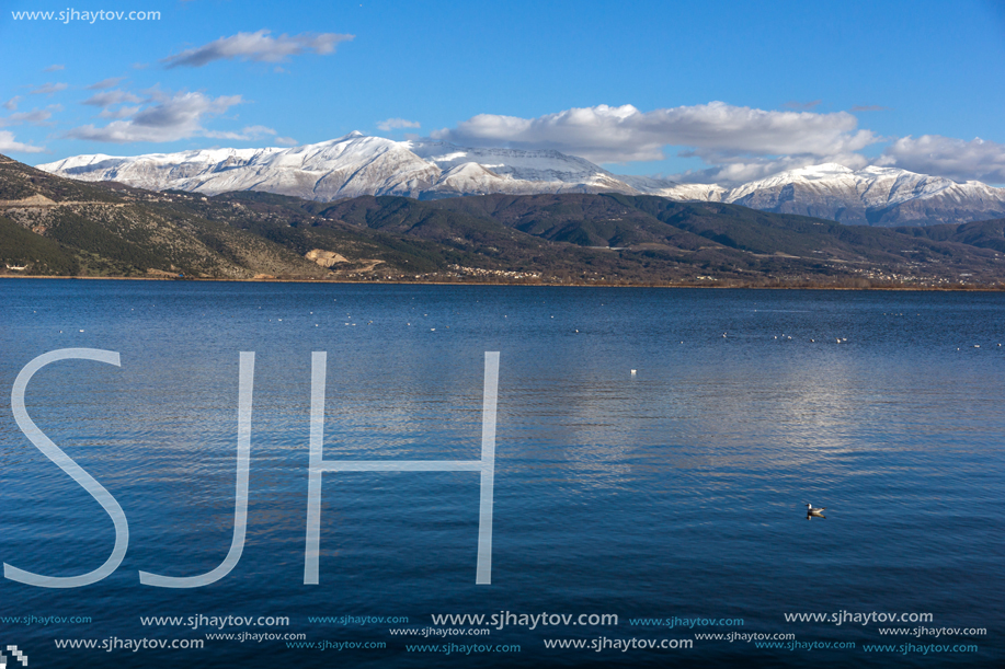 Amazing panoramic Landscape of Lake Pamvotida and Pindus mountain from city of Ioannina, Epirus, Greece