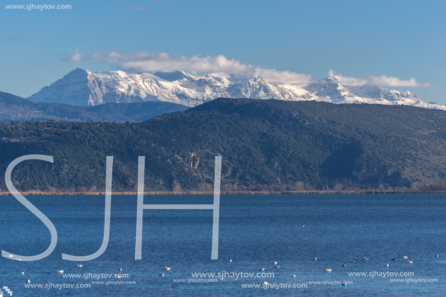 Amazing panoramic Landscape of Lake Pamvotida and Pindus mountain from city of Ioannina, Epirus, Greece