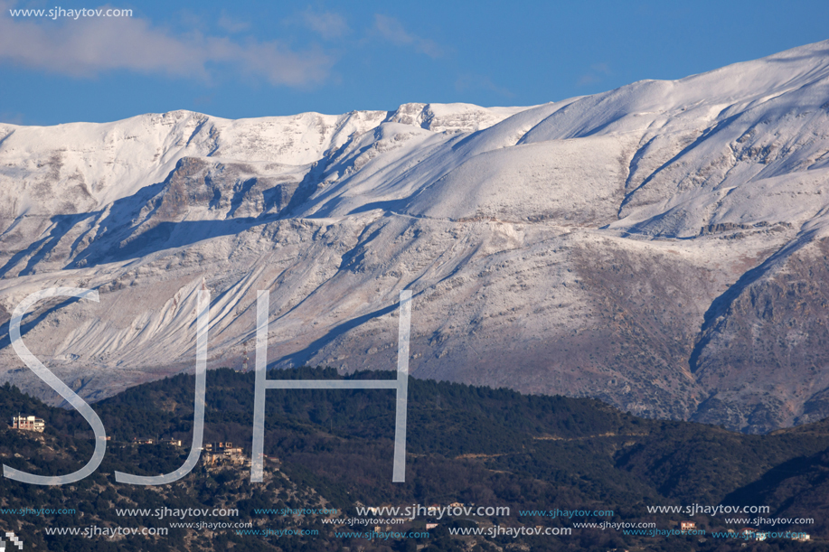 Amazing panoramic Landscape of Lake Pamvotida and Pindus mountain from city of Ioannina, Epirus, Greece