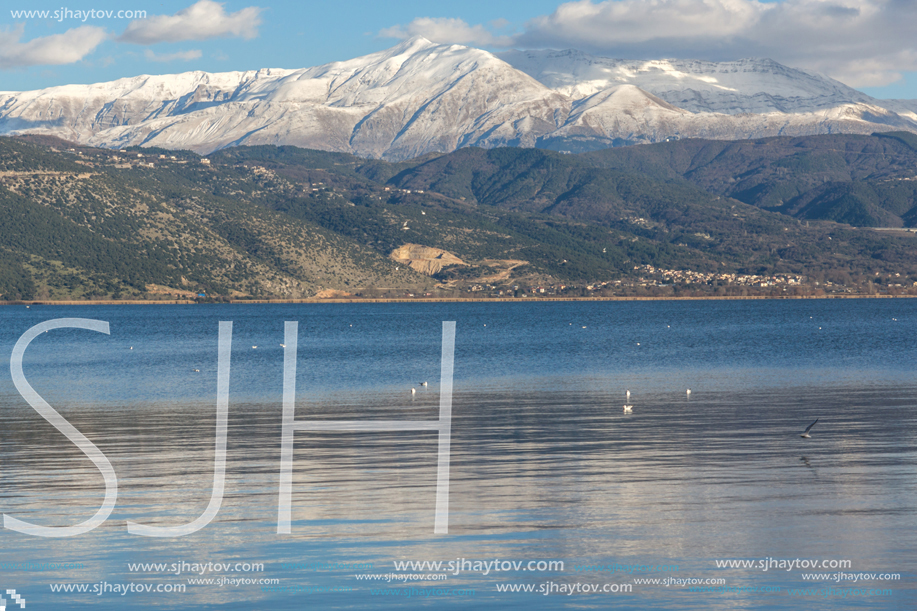 Amazing panoramic Landscape of Lake Pamvotida and Pindus mountain from city of Ioannina, Epirus, Greece