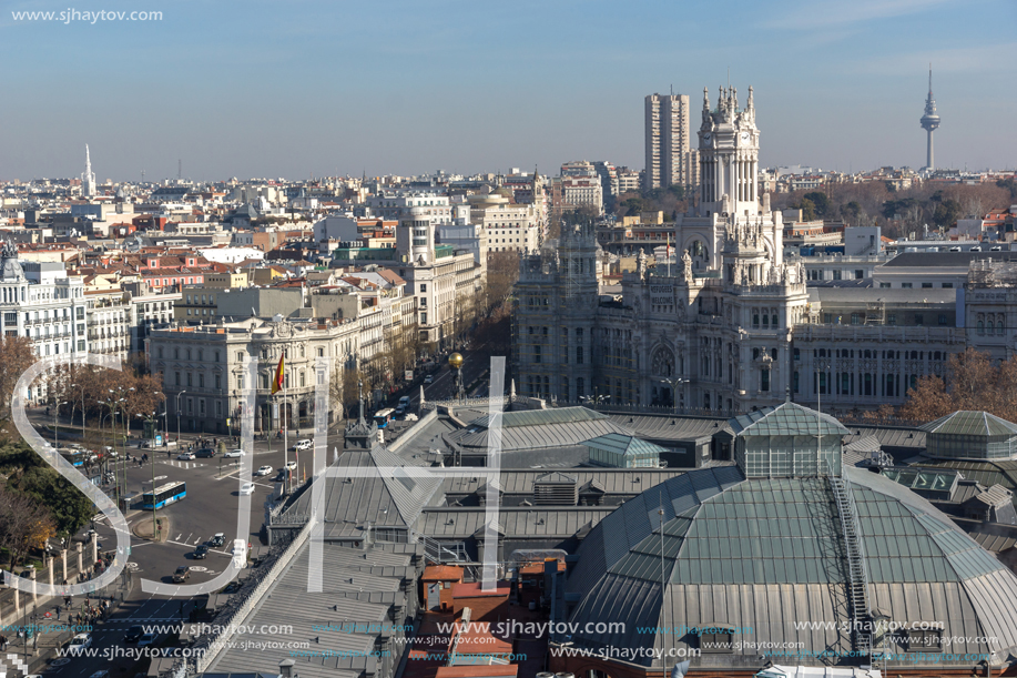 MADRID, SPAIN - JANUARY 24, 2018:  Panoramic view of city of Madrid from Circulo de Bellas Artes, Spain
