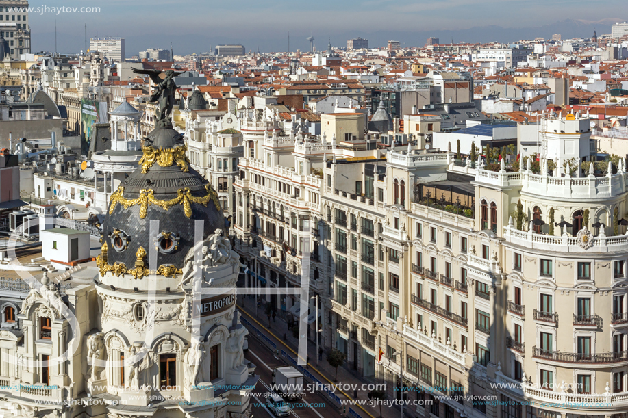 MADRID, SPAIN - JANUARY 24, 2018:  Panoramic view of city of Madrid from Circulo de Bellas Artes, Spain