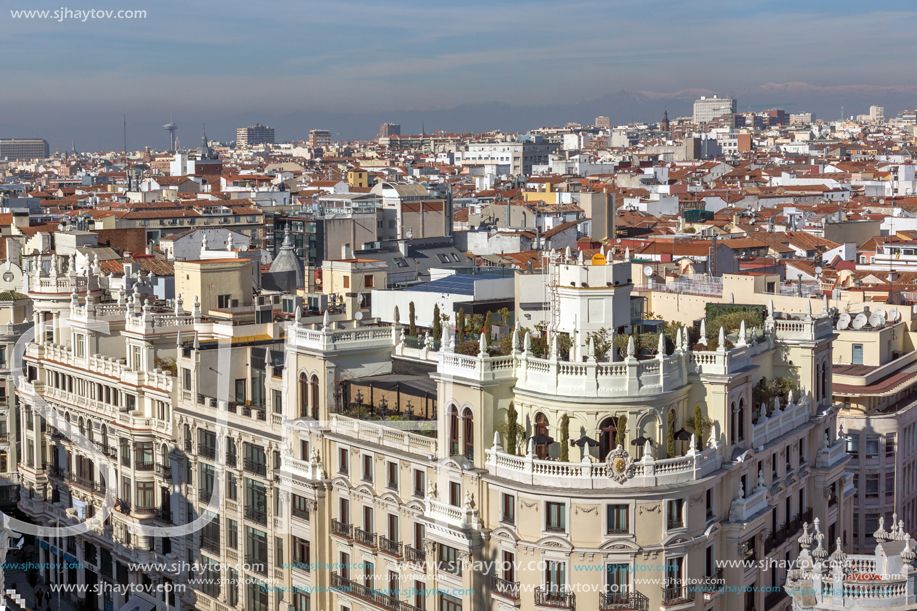 MADRID, SPAIN - JANUARY 24, 2018:  Panoramic view of city of Madrid from Circulo de Bellas Artes, Spain