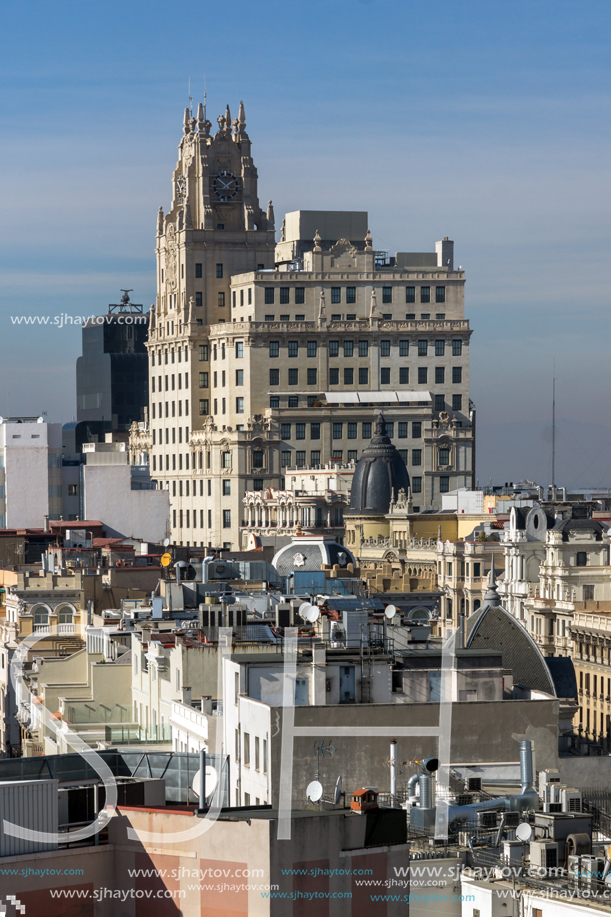MADRID, SPAIN - JANUARY 24, 2018:  Panoramic view of city of Madrid from Circulo de Bellas Artes, Spain