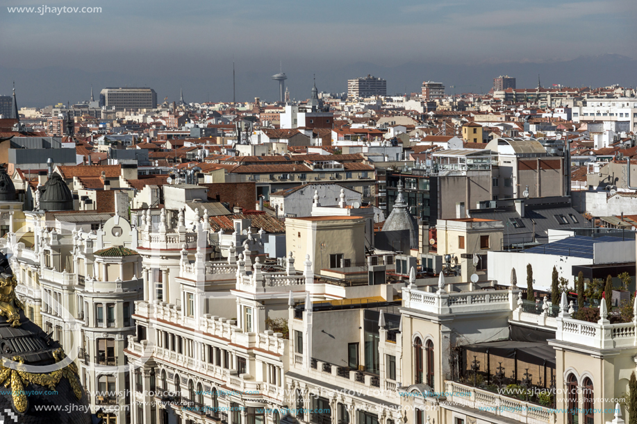 MADRID, SPAIN - JANUARY 24, 2018:  Panoramic view of city of Madrid from Circulo de Bellas Artes, Spain