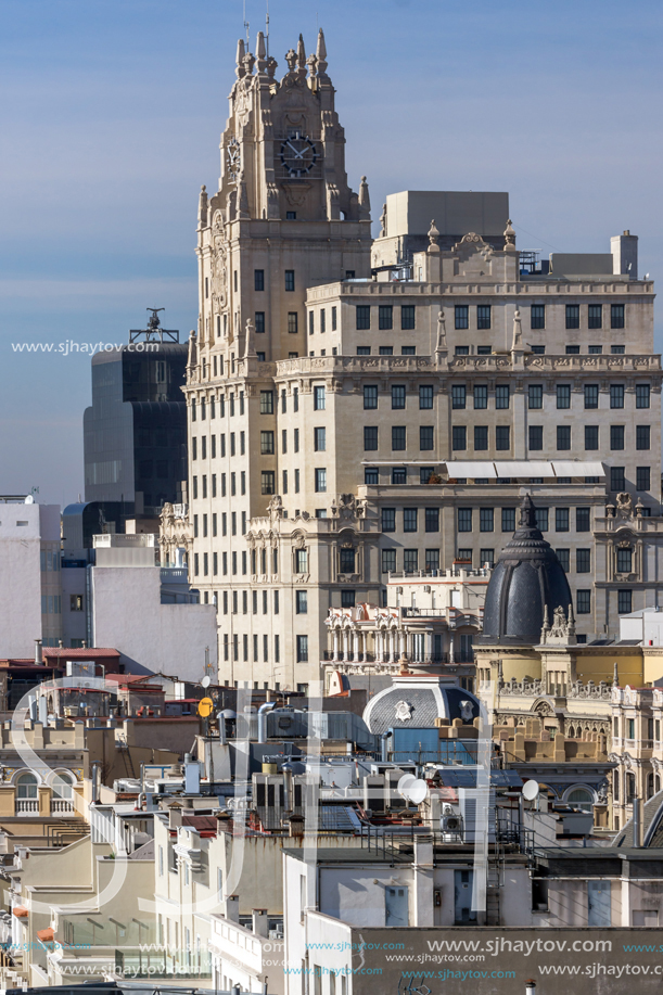 MADRID, SPAIN - JANUARY 24, 2018:  Panoramic view of city of Madrid from Circulo de Bellas Artes, Spain