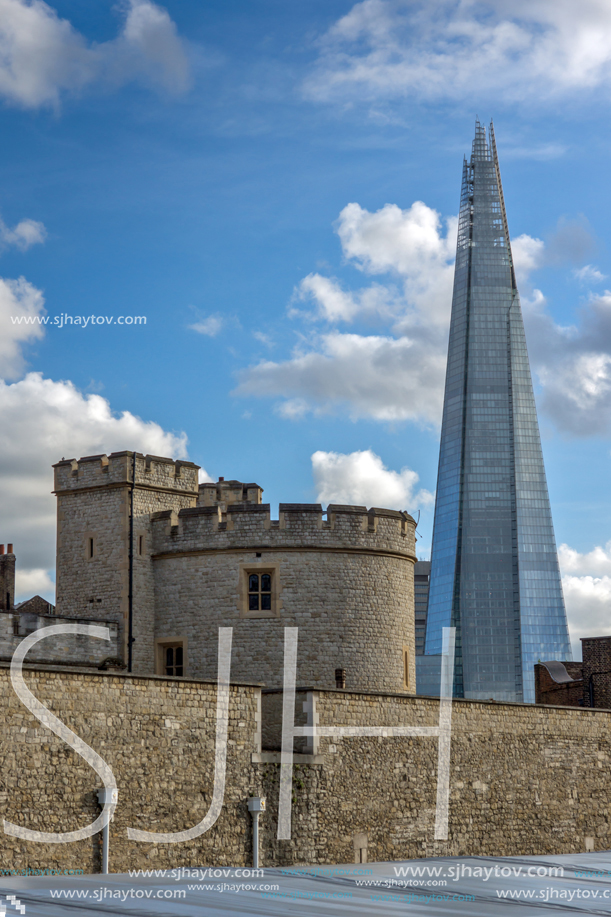 LONDON, ENGLAND - JUNE 15, 2016: Panorama with Tower of London and The Shard, London, England, Great Britain