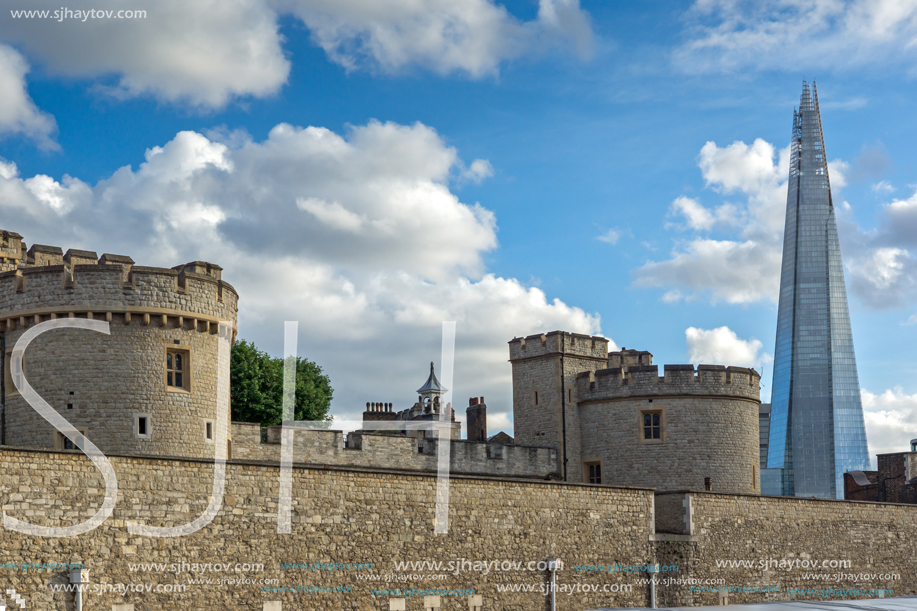 LONDON, ENGLAND - JUNE 15, 2016: Panorama with Tower of London and The Shard, London, England, Great Britain