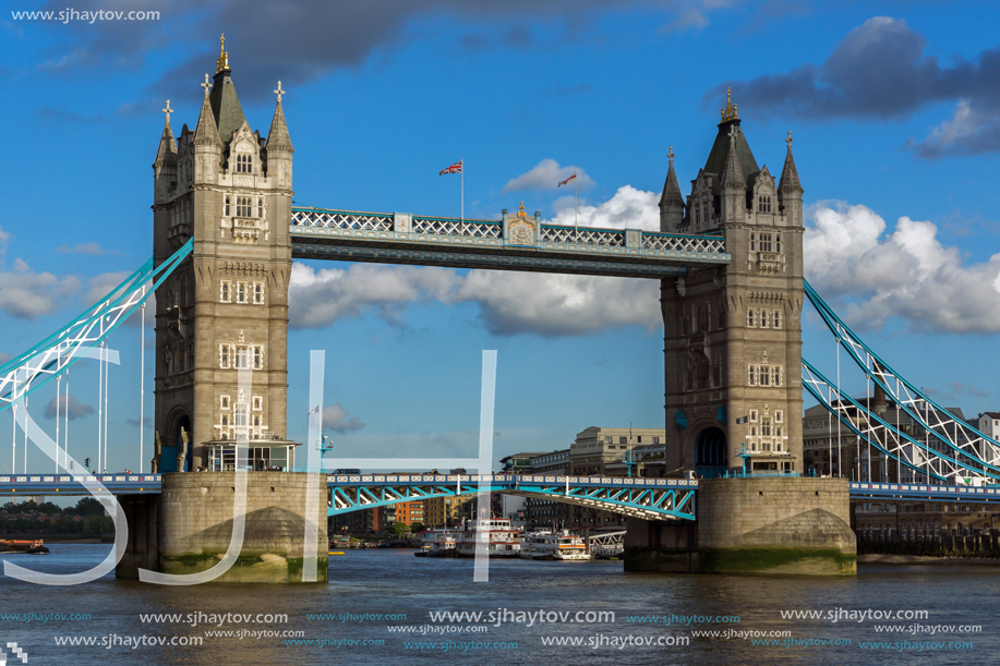 LONDON, ENGLAND - JUNE 15, 2016: Sunset view of Tower Bridge in London, England, Great Britain