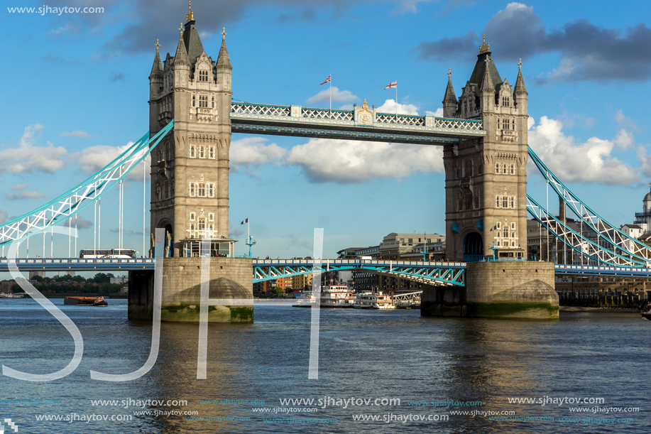 LONDON, ENGLAND - JUNE 15, 2016: Sunset view of Tower Bridge in London, England, Great Britain