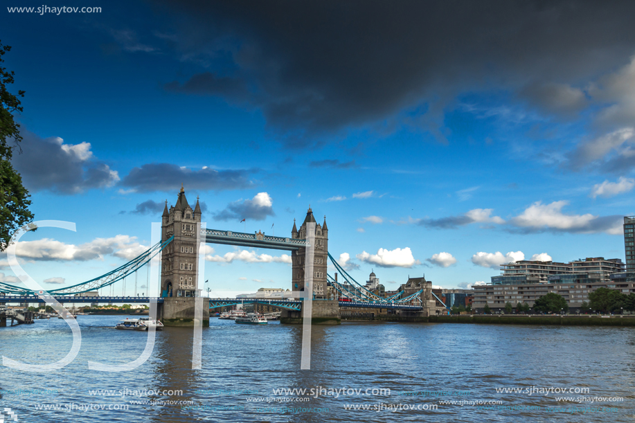 LONDON, ENGLAND - JUNE 15, 2016: Sunset view of Tower Bridge in London, England, Great Britain