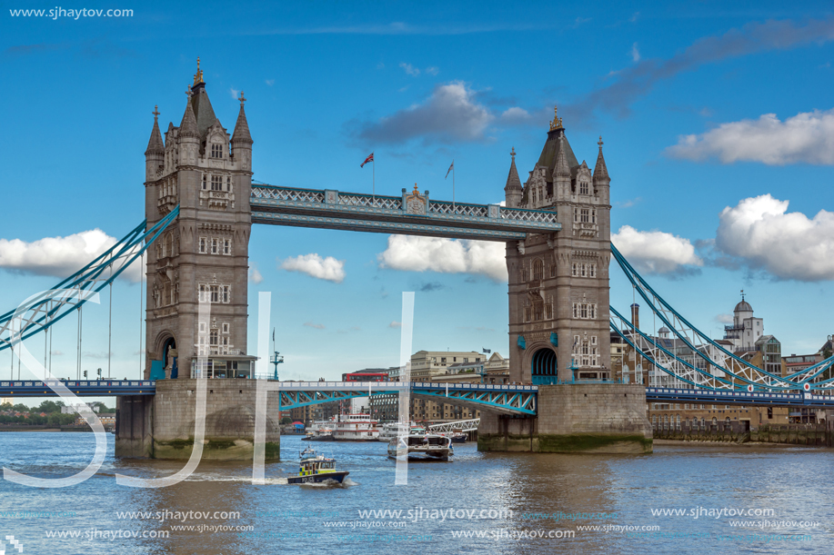 LONDON, ENGLAND - JUNE 15, 2016: Sunset view of Tower Bridge in London, England, Great Britain