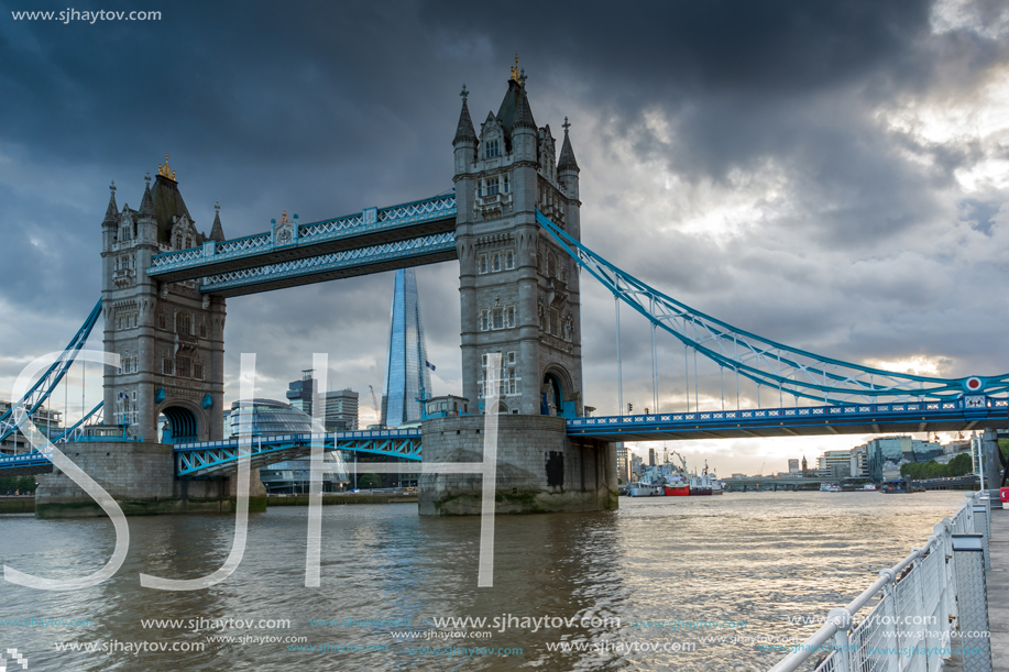 LONDON, ENGLAND - JUNE 15, 2016: Sunset view of Tower Bridge in London, England, Great Britain