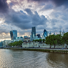 LONDON, ENGLAND - JUNE 15, 2016: Sunset Skyline of London From Tower Bridge, England, United Kingdom