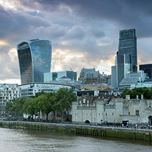 LONDON, ENGLAND - JUNE 15, 2016:  Sunset Skyline of London From Tower Bridge, England, United Kingdom