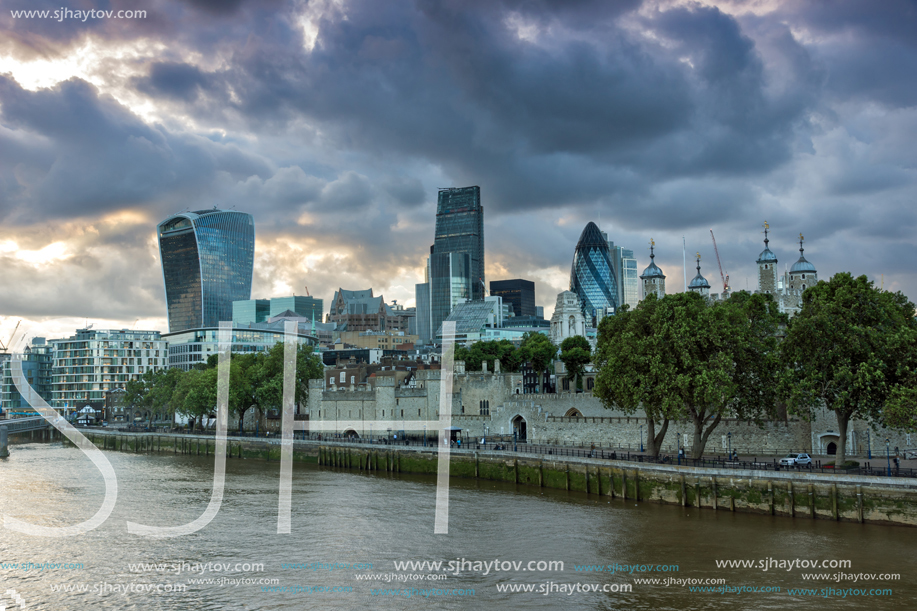 LONDON, ENGLAND - JUNE 15, 2016: Sunset Skyline of London From Tower Bridge, England, United Kingdom