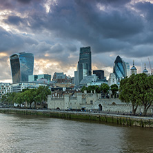 LONDON, ENGLAND - JUNE 15, 2016: Sunset Skyline of London From Tower Bridge, England, United Kingdom