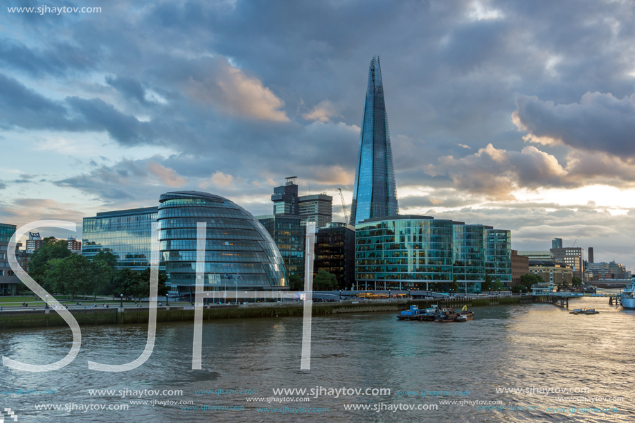 LONDON, ENGLAND - JUNE 15, 2016: Night Photo of City Hall and The Shard in London , England, United Kingdom