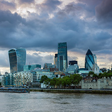 LONDON, ENGLAND - JUNE 15, 2016: Sunset Skyline of London From Tower Bridge, England, United Kingdom