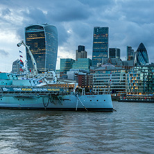 LONDON, ENGLAND - JUNE 15, 2016:  Sunset Skyline of London From Tower Bridge, England, United Kingdom
