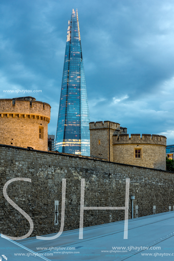 LONDON, ENGLAND - JUNE 15, 2016: Night Panorama with Tower of London and The Shard, London, England, Great Britain