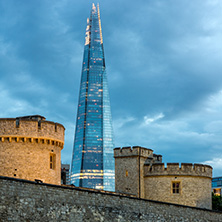 LONDON, ENGLAND - JUNE 15, 2016: Night Panorama with Tower of London and The Shard, London, England, Great Britain