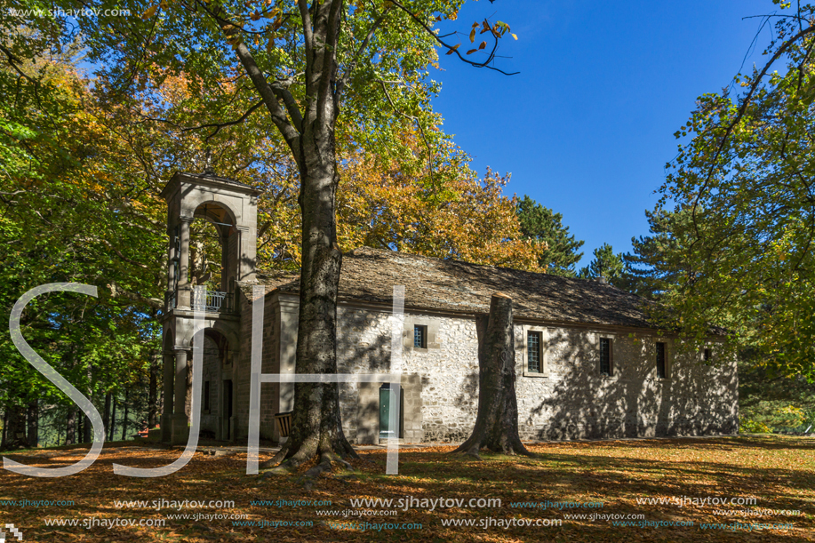 METSOVO, EPIRUS, GREECE - OCTOBER 19, 2013: Autumn view of Orthodox church in village of Metsovo, Epirus Region, Greece