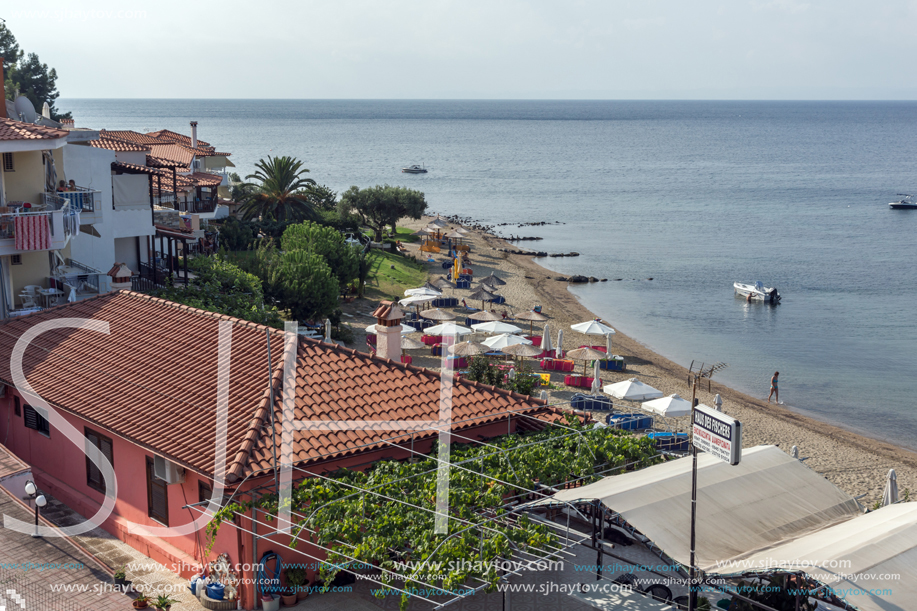 CHALKIDIKI, CENTRAL MACEDONIA, GREECE - AUGUST 25, 2014: Panoramic view of Gea Beach at Sithonia peninsula, Chalkidiki, Central Macedonia, Greece