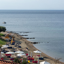 CHALKIDIKI, CENTRAL MACEDONIA, GREECE - AUGUST 25, 2014: Panoramic view of Gea Beach at Sithonia peninsula, Chalkidiki, Central Macedonia, Greece