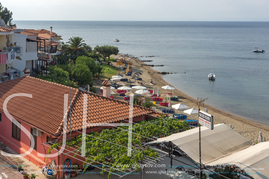 CHALKIDIKI, CENTRAL MACEDONIA, GREECE - AUGUST 25, 2014: Panoramic view of Gea Beach at Sithonia peninsula, Chalkidiki, Central Macedonia, Greece