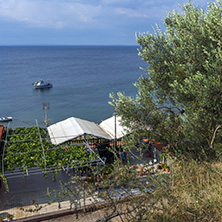 CHALKIDIKI, CENTRAL MACEDONIA, GREECE - AUGUST 25, 2014: Panoramic view of Gea Beach at Sithonia peninsula, Chalkidiki, Central Macedonia, Greece